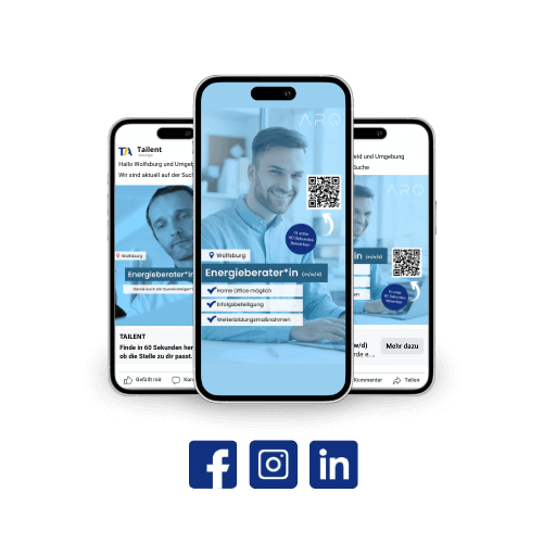 Drei Social Recruiting Anzeigen für ARQ Energieagentur mit Social Media Icons Facebook, Instagram, LinkedIn