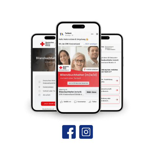 Drei Social Recruiting Anzeigen mit Social Media Icons Facebook und Instagram