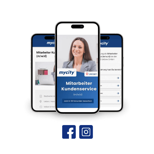 Drei Social Recruiting Anzeigen für mycity Uelzen mit Social Media Icons Facebook und Instagram