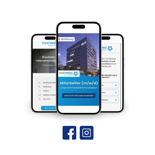 Drei Social Recruiting Anzeigen für die Stadtwerke Wolfsburg mit Social Media Icons Facebook und Instagram